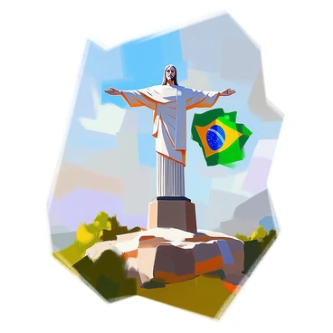 A view of the "Christ the Redeemer" statue standing tall atop the Corcovado Mountain in Rio de Janeiro. The statue is depicted with its arms outstretched, holding a large Brazilian flag that billows elegantly in the breeze. The flag features the vibrant green and yellow colors and the blue globe with stars at its center. The surrounding landscape includes lush green hills and a clear blue sky, emphasizing the iconic figure and the colorful flag. The statue's details are highlighted, showcasing its grandeur and the significance of the flag it holds.