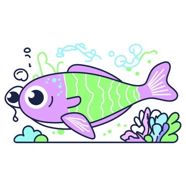 A sea creature with luminous scales is swimming gracefully underwater. Its elongated body is adorned with intricate patterns and vibrant colors that shimmer in the light. Around its fins and body, there are strands of microplastics subtly wrapped and tangled, blending with the surrounding environment. The creature's large, expressive eyes appear unaware of the microplastics that cling to its form. Nearby, colorful coral formations and schools of small fish provide context to the underwater scene, emphasizing the creature's beauty amidst the hidden environmental issue.