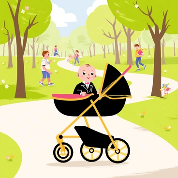 A baby wearing a tiny black suit with a white shirt and a small red bow tie is being pushed in a luxurious stroller. The stroller is decorated with gold accents and has a plush cushioned seat. The park is filled with vibrant green grass and colorful flowers lining the pathways. Sunlight filters through the trees, casting playful shadows on the ground. In the background, there are people walking and children playing, adding to the lively atmosphere of the park.
