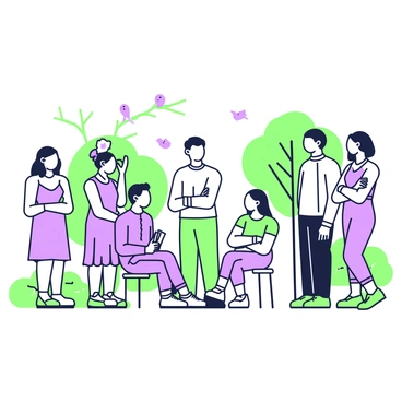 A diverse group of people is gathered in a tranquil setting for an assembly. There are men and women of various ethnicities, each displaying a range of ages. Some individuals are standing while others are seated in a circle. Each person has a calm expression, engaging in quiet conversation. A few are holding notepads, while others have their arms crossed thoughtfully. The surroundings include trees and grass, contributing to the peaceful atmosphere. In the background, a few birds can be seen perched on branches.