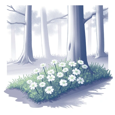 A lush forest edge where "Mayflowers" grow abundantly. The flowers are clustered together, showcasing their delicate petals and green foliage. Tall trees provide a backdrop, their trunks standing straight and strong, with branches extending over the vibrant ground cover. Sunlight filters through the leaves, creating patterns of light and shadow on the forest floor. The scene captures the essence of nature, emphasizing the harmonious relationship between the flowers and the surrounding trees.