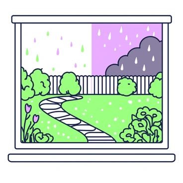 A view from a window reveals an expansive garden split into two distinct sections. On the left side, the garden is bathed in sunlight, showcasing vibrant green grass and blooming flowers, with a stone pathway winding through. On the right side, the atmosphere changes dramatically, as dark rain clouds loom overhead, casting a shadow over the lush plants, which appear damp and glistening. A wooden fence separates the two halves, clearly delineating the contrast between the sunny and rainy sections of the garden.