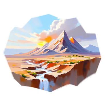 A sequence depicting the gradual formation of a rugged mountain range over millions of years. The image shows the landscape evolving from flat plains to rolling hills, and finally to towering peaks. In the foreground, there are patches of grass and small shrubs gradually appearing as the terrain rises. The sky transitions from a clear blue to a dramatic sunset, reflecting changes in the atmosphere over time. Streams and rivers meander through the landscape, eventually carving deep valleys as the mountains rise. Different layers of rock can be seen, illustrating the geological processes at work in the formation of the mountains.