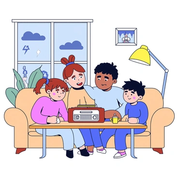 A family of four is gathered in their cozy living room, sitting close together on a soft, beige sofa. The parents, a mother with brown hair in a ponytail and a father with short black hair, are attentively listening to a vintage radio placed on a wooden table in front of them. The two children, a girl with pigtails and a boy with glasses, are leaning in, showing expressions of concern. The room is filled with warm light from a nearby lamp, and there are some family photos and a houseplant visible in the background. A window shows dark clouds outside, indicating a storm is approaching.