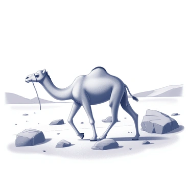 A lone camel walking through a rocky desert landscape. The camel has a sturdy body and a long neck, with a prominent hump on its back. The desert features rugged rocks scattered across the ground, with sharp edges and varying shapes. In the background, there are distant sand dunes rising against the horizon. The sky above is vast and clear, emphasizing the arid environment. The texture of the rocky terrain is detailed, showcasing the contrast between the camel and its surroundings.