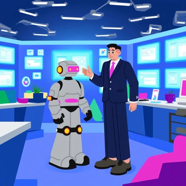 A futuristic tech lab filled with high-tech equipment and glowing screens. In the center, "Kim Jong Un" stands with a friendly robot. The robot features a shiny metallic body with bright LED lights and an expressive face. Kim is dressed in a modern suit, looking engaged as he talks to the robot, which has one arm raised as if responding. Surrounding them are various gadgets and holographic displays showcasing data and images, creating a lively atmosphere of innovation and collaboration.