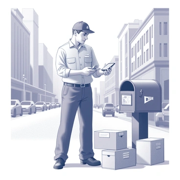 A modern postman stands on a city street, dressed in a uniform that includes a cap and a logo-emblazoned shirt. He holds a handheld device in one hand, focused intently on the screen. The device displays details about package deliveries. Nearby, several mail packages are stacked neatly next to a mailbox. The background features urban elements such as tall buildings, parked cars, and pedestrians walking along the sidewalk. The sky is clear, providing a bright atmosphere to the scene.