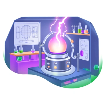 A Tesla coil emitting bright electric arcs in a dimly lit laboratory. The coil is metallic and intricately designed, with a base featuring various dials and switches. Surrounding the Tesla coil are shelves filled with glass jars containing colorful liquids and scientific equipment. The walls of the laboratory are lined with blueprints and diagrams related to electricity. Shadows are cast around the room, highlighting the dramatic effect of the arcs of electricity shooting upwards from the coil.