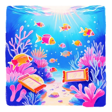 An underwater scene displays a variety of colorful fish swimming gracefully around "KitKat coral reefs." The coral reefs are shaped like chocolate bars, with distinct rectangular sections and vibrant colors, contrasting with the blue ocean water. The fish come in different shapes and sizes, some are small and brightly colored, while others are larger and more muted. Sunlight filters down from the surface, creating shimmering patterns on the sand below. Seaweed sways gently with the currents, adding movement to the scene. Bubbles rise from the fish as they swim among the coral formations.