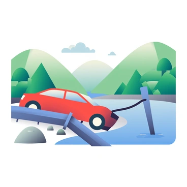 A car crashed along a scenic riverside with a broken guardrail