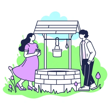 A woman with long, flowing hair is engaged in a conversation with a stranger near an old stone well. The woman is wearing a flowing dress that billows softly in the breeze, while the stranger is dressed in a casual shirt and trousers. They are standing close to the well, which has a wooden roof and a bucket hanging from a rope. The woman holds her hands in front of her, emphasizing her words, while the stranger leans slightly forward, showing his interest. Surrounding them are wildflowers, adding a touch of natural beauty to the scene. In the background, there are a few trees and a clear blue sky, hinting at a peaceful day.