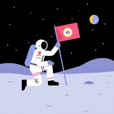 An astronaut in a white spacesuit is planting a flag on the grey, dusty surface of the moon. The flag is vibrant with bold colors, displaying a large emblem. The astronaut is crouched down, with one hand holding the flagpole and the other stabilizing themselves on the surface. In the background, a vast starry sky is filled with numerous twinkling stars and a glowing crescent Earth visible in the distance.