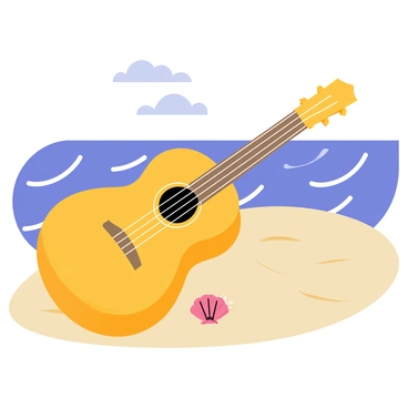 An acoustic guitar with a glossy wooden finish is lying on a sandy beach. The guitar has six silver strings that are slightly rustling as the gentle ocean waves roll in, lightly touching the strings. The beach has fine, golden sand scattered around the guitar, and the deep blue ocean stretches out in the background. A few small seashells are nestled in the sand near the guitar, adding to the coastal scenery. The sky is clear with a few fluffy white clouds floating above.