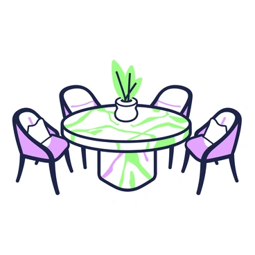 A luxurious marble table with prominent veined patterns is situated in the center of a well-lit room. The surface of the table showcases intricate veining that winds elegantly across the glossy finish. Surrounding the table are four matching chairs with plush cushions that complement the table's design. A decorative centerpiece featuring a green plant sits atop the table, adding a touch of nature to the scene. Soft lighting highlights the polished edges of the marble and the overall opulence of the setting.