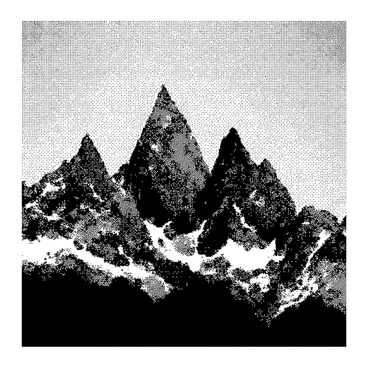 Mountain peaks rendered in neon colors, set against a pixelated starry night