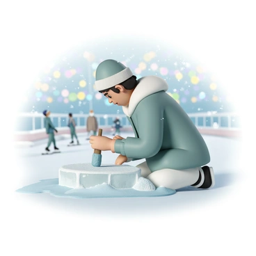 An artist, wearing a winter jacket, gloves, and a warm hat, is intensely focused on creating intricate ice sculptures. The artist is using a chisel and a mallet to carve details into a large block of ice. Nearby, the ice rink is visible, with skaters gliding gracefully across the surface. Snowflakes are gently falling from the sky, dusting the ground around the artist. In the background, colorful lights illuminate the rink area, reflecting off the ice and creating a festive atmosphere. The artist's breath is visible in the cold air as they concentrate on their work.