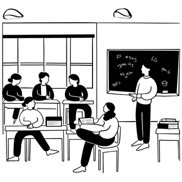 Ayanokoji standing by a large window in a high school classroom, gazing outside. Desks with textbooks and notebooks scattered around him. Students seated at their desks, engaged in lively conversations, with some leaning back in their chairs. A blackboard filled with chalk writings visible in the background. Sunlight casting shadows on the floor, creating a lively atmosphere in the classroom.