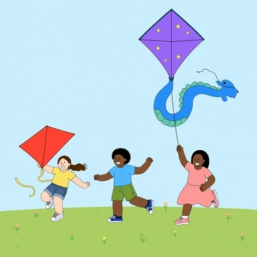 A group of three children running joyfully in a green field under a clear blue sky. The first child is a girl with brown hair in pigtails, wearing a yellow t-shirt and denim shorts. She is holding a bright red kite with a yellow tail that flutters in the wind. The second child is a boy with curly black hair, dressed in a blue t-shirt and green shorts, gripping a large blue kite shaped like a dragon. The third child is a girl with straight black hair, wearing a pink dress and holding a vibrant purple kite adorned with stars. The field is dotted with wildflowers, and the kites soar high above, creating a lively scene filled with vibrant colors.