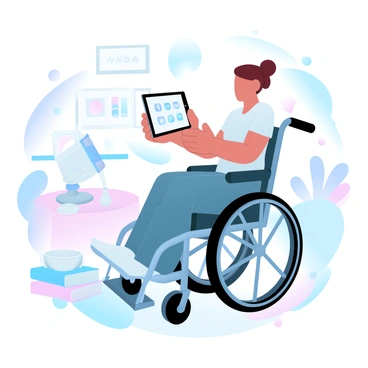 A person is sitting in a modern wheelchair, focusing on a tablet in their hands. The tablet displays various icons representing different assistive technologies. There are several devices visible around them, including a robotic arm and a smart home control panel. The background features a softly colored room with pastel decor elements, such as cushions and artwork. A small table beside the wheelchair holds a cup and a few books, enhancing the sense of a personal space.