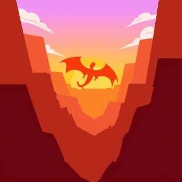 Charizard soaring through a grand canyon at sunset, with shadows stretching long
