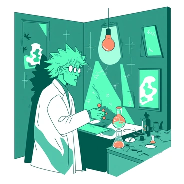A teal mad scientist with wild, unkempt hair is experimenting in a room filled with mirrors of various shapes and sizes. The scientist is wearing a white lab coat, and their face is illuminated by a flickering orange light bulb hanging overhead. Shadows dance across the walls as the scientist manipulates a small device that creates intricate patterns of light and shadow. The reflections in the mirrors create a kaleidoscopic effect, amplifying the chaotic energy of the room. In one corner, a bubbling orange beaker sits on a table cluttered with strange instruments.