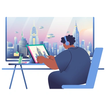 An artist with medium skin and short curly black hair is seated at a large, sleek table, focused on creating a futuristic cityscape concept art on a digital tablet. The tablet displays intricate designs of towering skyscrapers with neon lighting and flying vehicles. The artist is wearing a loose-fitting, dark blue shirt and headphones. Various art supplies, including markers and sketchbooks, are scattered around the table. The background features a large window with a view of a city skyline at twilight, showcasing a blend of traditional and futuristic architecture.