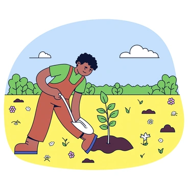 An arborist in a green shirt and brown overalls is bending down to plant a small sapling in a sprawling, open field. The sapling has fresh green leaves and is placed in a small hole in the soil. The field is vast, with patches of grass and wildflowers scattered around. In the background, a few distant trees can be seen, under a bright blue sky with a few fluffy white clouds. The arborist is using a small spade to gently pack the soil around the sapling.