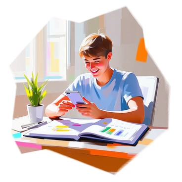 A university student with short brown hair and wearing a casual blue t-shirt is sitting at a wooden desk, looking excitedly at their smartphone. The student has a broad smile and wide eyes, reflecting joy at receiving a scholarship notification. Next to them, there is an open savings plan book with colorful graphs and notes, emphasizing their financial planning. The desk is cluttered with stationery and a laptop, creating a dynamic study environment. Sunlight filters through a nearby window, casting soft shadows across the scene.