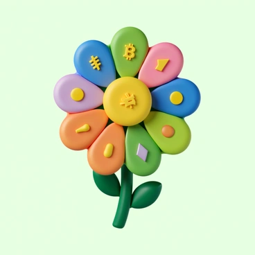 A flower blooming with vibrant colors, its petals shaped like various cryptocurrency symbols. The petals showcase recognizable signs such as "Bitcoin," "Ethereum," "Litecoin," and others, arranged in an eye-catching pattern. The center of the flower is a rich yellow, contrasting with the playful and diverse colors of the petals. The background features a soft green, highlighting the flower's unique design.