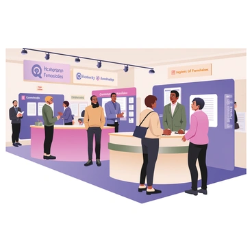 A lively job fair with recruiters at booths talking to eager job seekers in a spacious hall.