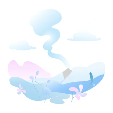 Cigarette smoke billowing into the air, forming shapes that resemble fluffy clouds. The smoke drifts gracefully over a dreamlike landscape with rolling hills and soft gradients of pastel colors in the sky. The foreground features delicate flowers with thin stems swaying gently. In the background, a horizon of softly shaped hills creates a serene backdrop to the flowing smoke. The entire scene is bathed in a warm, inviting light that enhances the dreamy atmosphere.