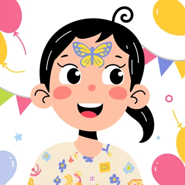 A child's face with a "vibrant butterfly design" painted across their cheeks and forehead. The butterfly features "bright blue and yellow wings" with intricate patterns. The child has "sparkling eyes" filled with joy, and is wearing a "colorful shirt" adorned with festivity-themed designs. In the background, there are "colorful balloons" and "festive decorations" creating an atmosphere of celebration at the festival.