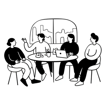 A diverse team of individuals is sitting around a round table, engaged in discussion. There are three men and two women, each from different ethnic backgrounds. One man is gesturing animatedly with his hands while another is taking notes on a notepad. The two women are looking at a laptop screen in the center of the table, collaborating on a project. Papers and coffee cups are scattered across the table, along with a small potted plant. A large window in the background allows for a view of a city skyline.