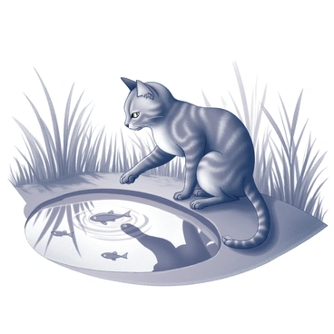 A cat is crouched near the edge of a pond, intently focused on the water's surface. Its fur is detailed, showcasing distinct patterns. The cat extends one paw over the water, poised to strike. Ripples radiate outward from where its paw hovers, indicating movement beneath the surface. Small fish are visible, darting just below the water, creating a dynamic scene as the cat prepares to catch them. Surrounding the pond, lush greenery and tall grasses frame the setting.