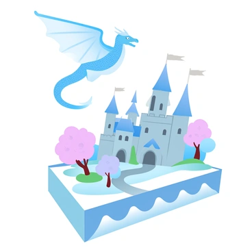 A detailed fantasy castle is depicted on a matchbox. The castle features tall, pointed towers with flags fluttering at the tops. Surrounding the castle are lush trees with a vibrant canopy. A dragon is soaring above the castle, its wings spread wide. The dragon has intricate scales and a long tail, contrasting against the pastel colors of the scene. The matchbox itself is illustrated with a whimsical border that complements the castle and dragon.