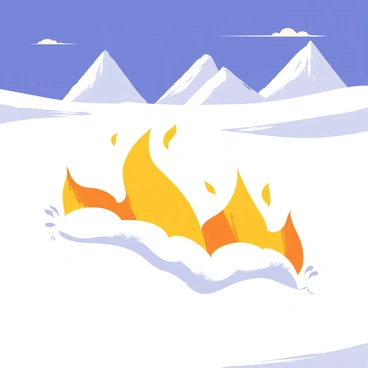 An Arctic scene featuring vast expanses of white ice and snow. Patches of bright orange and yellow fire are scattered across the icy surface, casting warm light on the surrounding ice. The sky above is a deep blue, with a few wispy clouds. In the background, majestic icebergs rise sharply against the horizon, their surfaces reflecting the glow of the flames. Small tufts of snow and ice crystals are sprinkled around the flames, enhancing the contrast with the fire.