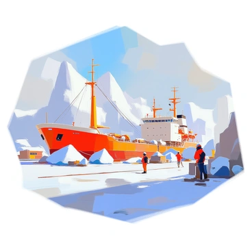 A shipyard in a polar region with ice and snow surrounding the vessels