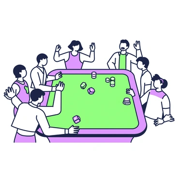 A craps table is at the center of the image with a vibrant green felt layout. Players are gathered around the table, displaying a mix of emotions. Some players have their hands raised in excitement, while others lean forward in anticipation. The dice are captured mid-roll, tumbling towards the edge of the table. In the background, there are stacks of chips in various positions, and a few players are holding their bets. The scene is filled with a sense of energy and competition, as everyone watches intently for the outcome of the roll.