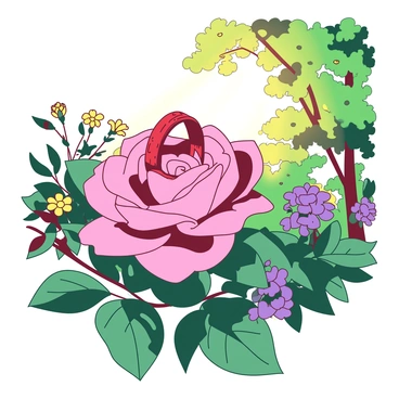 A beautiful garden setting with a wedding ring resting atop a blooming rose