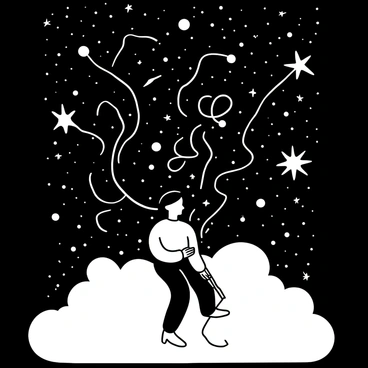 A dreamlike scene where a person knits together strands of light in a starry sky