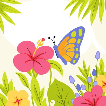 A colorful butterfly with blue and orange wings is sipping nectar from a vibrant red hibiscus flower. The butterfly's wings are wide open, showing intricate patterns. The hibiscus flower has large, lush petals and is surrounded by bright green leaves. The garden has various other flowers in shades of yellow and purple, creating a lively atmosphere. Soft sunlight filters through the leaves, casting gentle shadows around the scene.