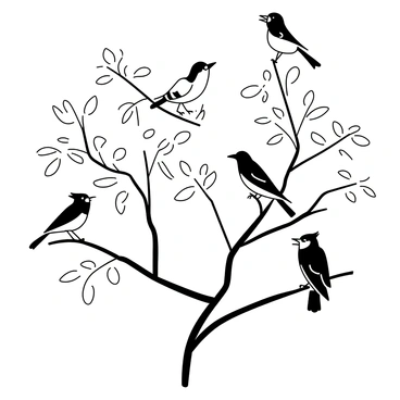 A group of various birds perched on the branches of a tree. The birds are in different poses, some with their beaks open as if singing, while others are looking around. The tree has lush leaves, thick and full, indicating it is June. The branches are intricate, creating a natural frame around the birds.