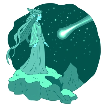A teal ethereal elf with long flowing hair adorned with silver leaves stands on a rocky outcrop. The elf's eyes are wide with wonder as they gaze at a bright white comet streaking across the dark night sky. Stars twinkle around the comet, casting a soft glow on the surrounding landscape. The elf is wearing a shimmering robe that flows gently in the night breeze, blending with the enchanting atmosphere. The rocky outcrop is covered with soft green moss, contrasting with the elf's radiant presence.