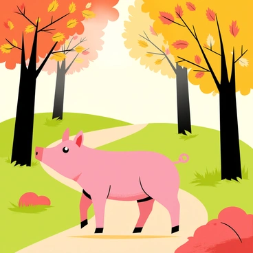 A pink pig with a curly tail walking carefully along a dirt path in a lush green forest. The trees are tall and filled with vibrant autumn leaves in shades of orange, red, and yellow. Leaves are gently falling from the branches, creating a colorful carpet on the forest floor. Sunlight filters through the branches, casting dappled light on the pig as it explores its surroundings.