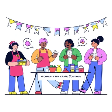 A group of artisans is gathered around a registration table at a community craft fair. They are filling out forms and exchanging information with a friendly event coordinator. One artisan is wearing a bright red apron, showcasing handmade jewelry, while another is holding a basket filled with colorful knitted items. Nearby, a third artisan is displaying a selection of pottery pieces on a small table. Banners with "Community Craft Fair" are hung in the background, and there are cheerful decorations surrounding the area.
