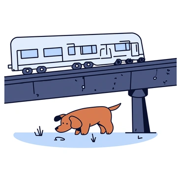 A small brown dog with floppy ears is cowering under a railway bridge. The dog's body is hunched, and its tail is tucked between its legs, showing its fear. Above, a train is passing, and the sound of clattering wheels can be seen in the illustration. The railway bridge has dark, sturdy beams and a gritty texture. The ground below the bridge is covered with gravel and scattered bits of grass. The scene captures the tension of the moment with the train’s shadow looming over the dog.