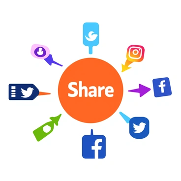 A large, rounded "Share" button in a vibrant color is centered in the image. Surrounding the button are multiple arrows, each pointing outward. The arrows are in bright colors and have distinct designs. Each arrow leads to a recognizable logo representing various social media platforms, including "Facebook," "Twitter," "Instagram," and "LinkedIn." The background is simple to highlight the central button and arrows.