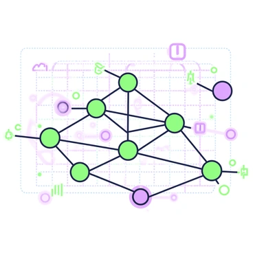 A network of AI nodes is depicted branching out and connecting rapidly in a digital space. The nodes are represented as geometric shapes, each pulsating with energy. Lines extend from each node to form connections, illustrating a complex web. The background features an array of faint grid patterns, depicting a vast digital landscape. Additionally, small data streams can be seen flowing between the nodes, emphasizing the dynamic nature of the connections being made.
