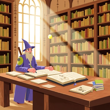 A wizard with a long, flowing robe and a pointed hat is seated at a large, ornate wooden table in a grand library. The table is cluttered with large, open ancient tomes, their pages yellowed and filled with intricate illustrations and handwritten notes. Tall bookshelves filled with numerous dusty books line the walls, reaching up to a high ceiling adorned with intricate woodwork. Sunlight filters through tall, arched windows, casting warm light across the scene. The wizard is intently focused on a tome, with a quill in hand, while a small, glowing orb hovers above the table, illuminating the space.