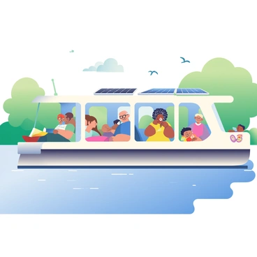 A solar-powered ferry with a sleek, modern design is shown crossing a river. The ferry features large, clear windows, allowing passengers to enjoy the view. Onboard, a diverse group of passengers, including an elderly man wearing glasses, a woman with curly hair in a yellow dress, and a child holding a toy boat, are seated comfortably. The river's surface shimmers under the sunlight, reflecting shades of blue and green. Lush trees line the riverbank, with birds flying in the sky above. The ferry is equipped with solar panels on its roof, clearly visible.